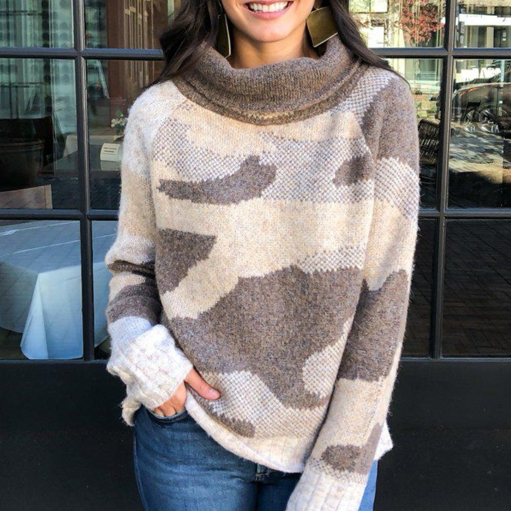 Cozy Knit Camo Sweater Turtleneck Top
